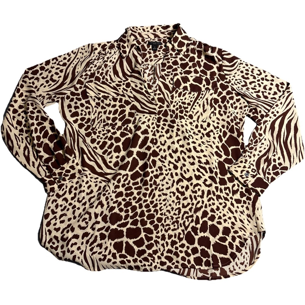 Ann Taylor Blouse Women's Brown Excellent Animal Print V-Neck Size MP